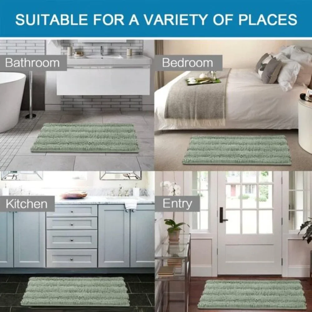 New Sage Chenille Bath Rug Set, 2-Piece Non-Skid Shaggy Mats for Bathroom Floor
